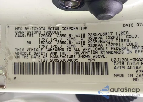 2005 Lexus Gx 470 from USA, damaged, VIN JTJBT20X250094685